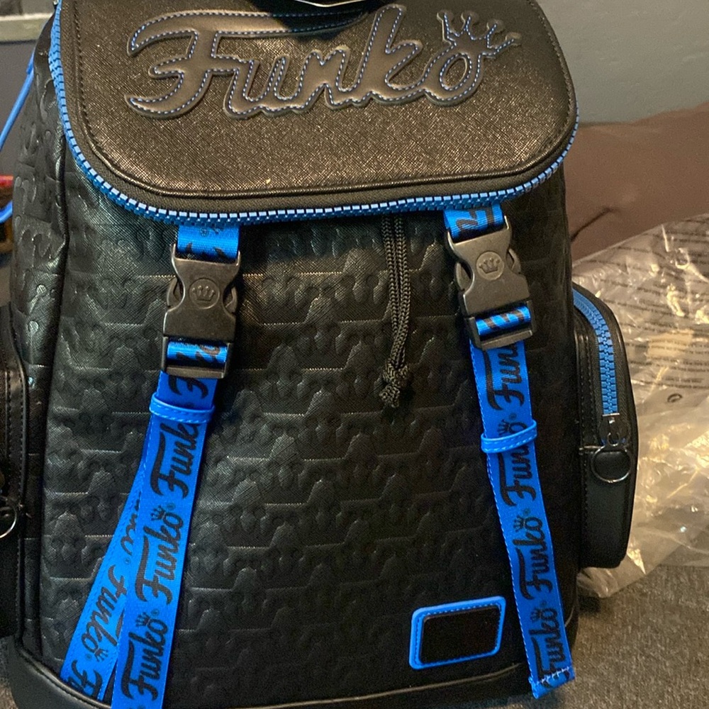 Funko Logo Loungefly Exclusive Debossed Logo Black Blue Full Size Backpack NWT